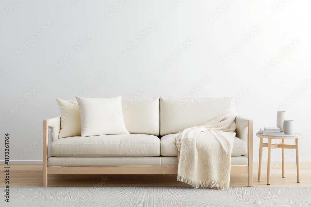 Cozy living room setup with light-colored sofa and minimalist decor for a serene atmosphere Cozy living room setup with light-colored sofa and minimalist decor for a serene atmosphere
