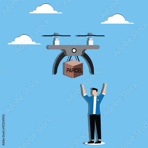 Intelligent courier delivery, internet shopping, fast and on-time courier delivery, product sourcing and management, drone suspended courier boxes delivered to ordering businessmen
