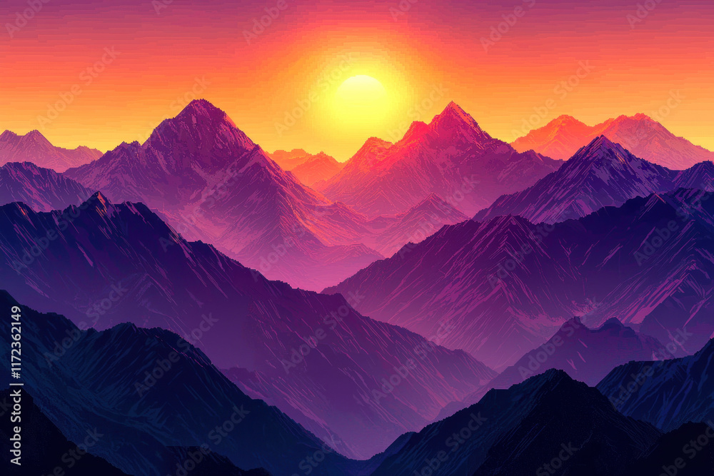 Fototapeta premium Sunset over purple mountain range, hazy peaks in background. Ideal for backgrounds