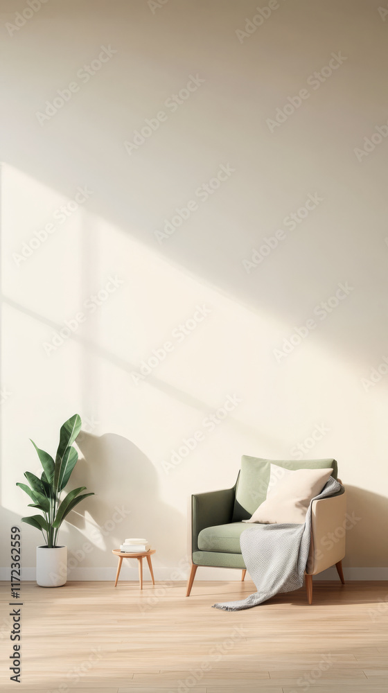 Fototapeta premium Cozy living room with minimalist decor and natural light in a modern setting