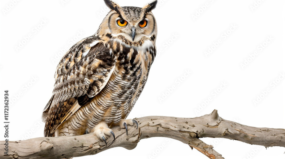 Obraz premium Elderly Owl Watching from a Branch on white background.PNG