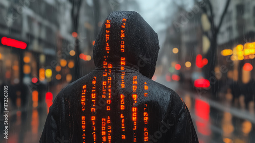 The Digital Shadow: A mysterious figure in a hooded jacket walks down a rain-soaked city street, their back to the camera. The glow of their digital code illuminates their path. photo