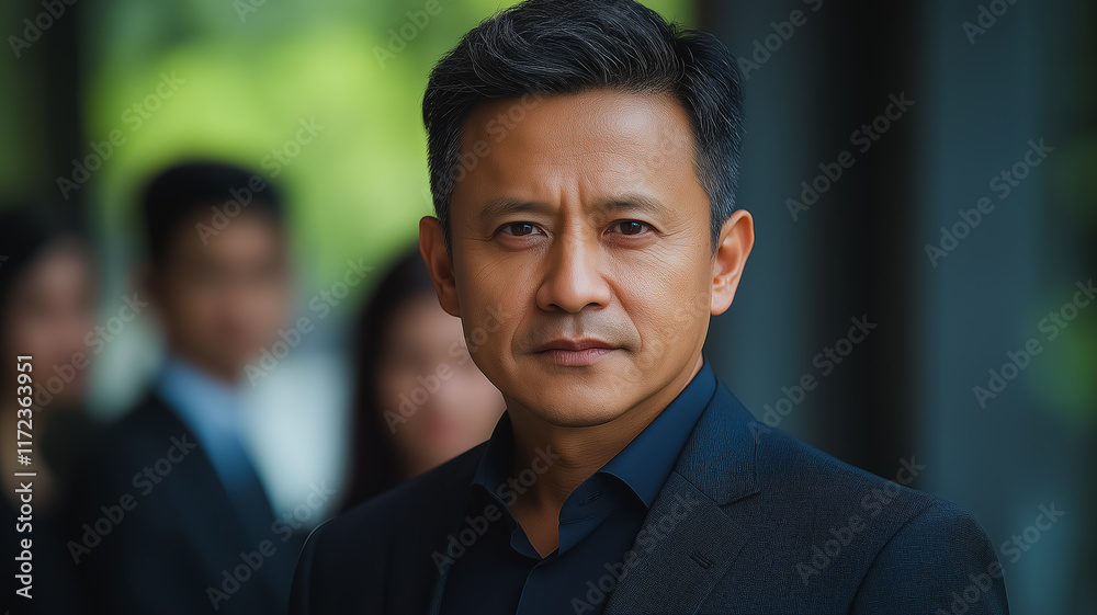 Confident Leader: Portrait of a focused Asian businessman in a sharp suit, exuding confidence and authority. His colleagues are subtly blurred in the background, emphasizing his leadership role. Confident Leader: Portrait of a focused Asian businessman in a sharp suit, exuding confidence and authority. His colleagues are subtly blurred in the background, emphasizing his leadership role.