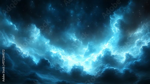 Glowing blue clouds and starry night sky.