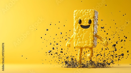 Cheerful yellow sponge character jumping studio setting 3d animation playful environment dynamic viewpoint fun concept