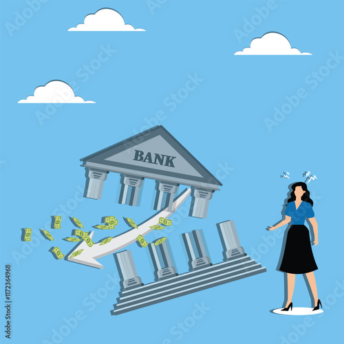 Banking Crisis, Savings Crisis, Subprime Crisis, Bankruptcy Crisis, Businesswoman Watches Savings Jars Fly Through Banks