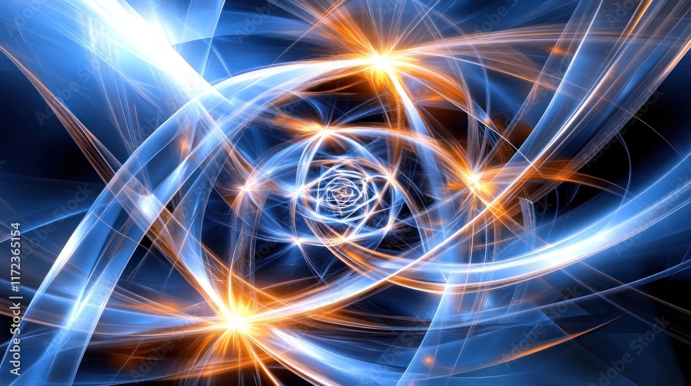 Fototapeta premium Abstract swirling blue and orange light forms creating a vortex effect.