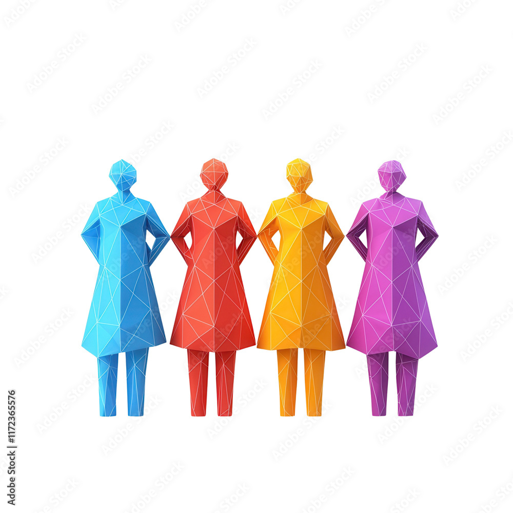 Four stylized, colorful geometric figures resembling women, each dressed in unique colors and standing with hands on hips. Four stylized, colorful geometric figures resembling women, each dressed in unique colors and standing with hands on hips.