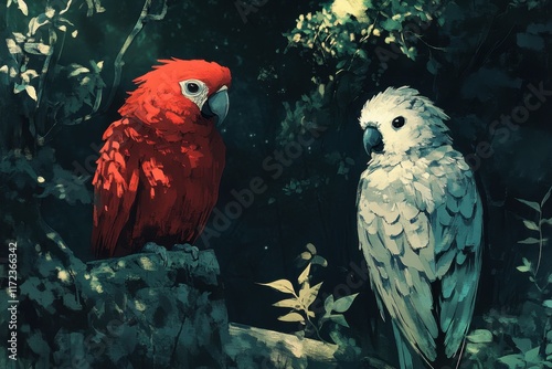 Red Macaw and White Cockatoo Perched on Branch photo