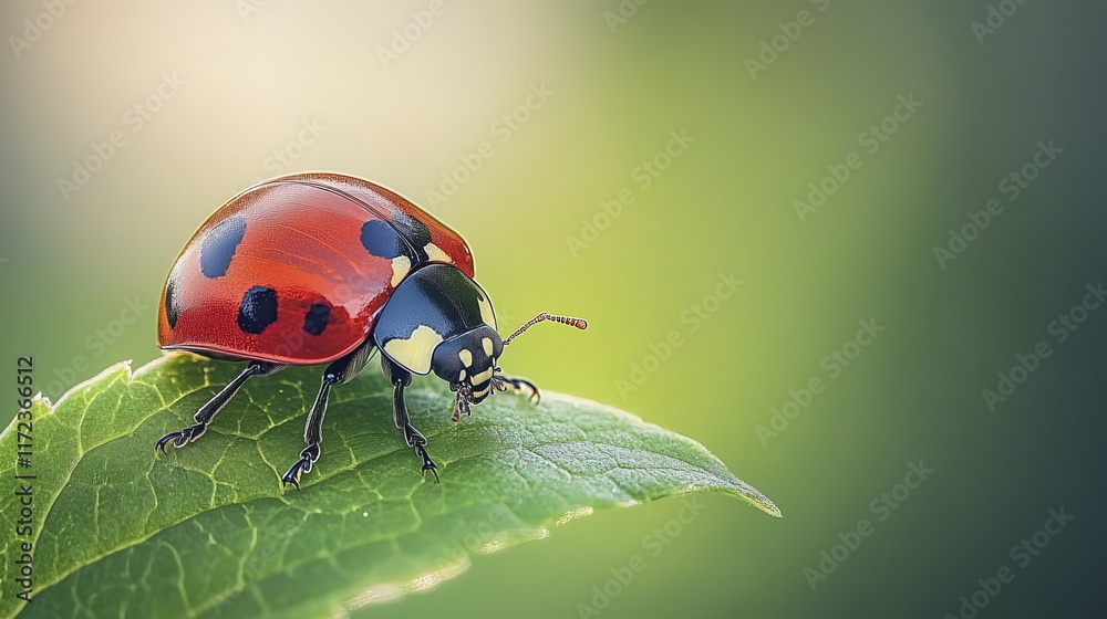 Fototapeta premium ladybug perched on green leaf, showcasing its glossy red shell and spots