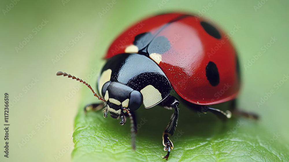 close up of ladybug with glossy red shell and black spots on leaf close up of ladybug with glossy red shell and black spots on leaf