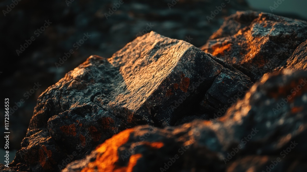 Close-up of sunlit dark rocks with orange hues. Close-up of sunlit dark rocks with orange hues.