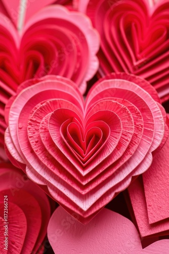 Layered paper heart decorations in bright pink and red for Valentine's Day.