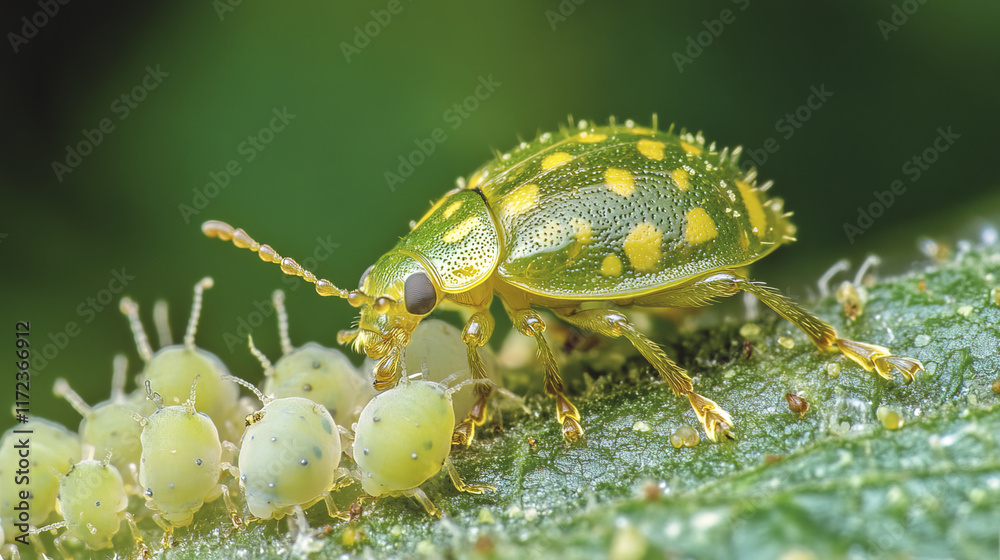 vibrant green ladybug feeding on aphids on leaf, showcasing nature balance vibrant green ladybug feeding on aphids on leaf, showcasing nature balance