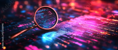 IT Security Risk Assessment concept, with a magnifying glass zooming in on a document, surrounded by an abstract technology background filled with circuit patterns