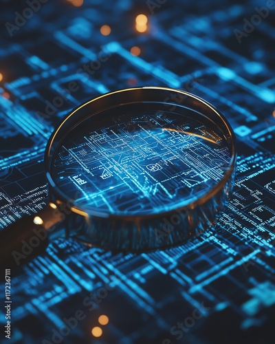 Obraz na płótnie IT Security Risk Assessment depicted with a magnifying glass on a document, framed by an abstract techinspired environment with digital patterns and data protection icons w salonie