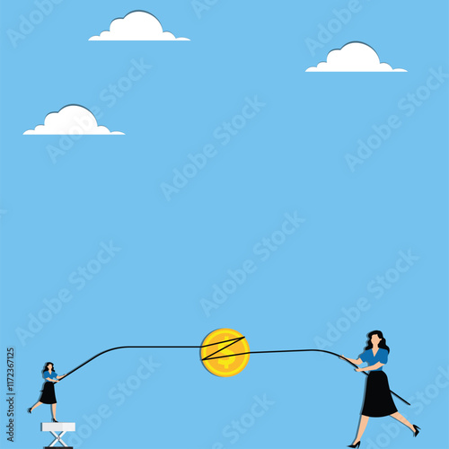 Unfair business or professional competition, unequal balance of power, tug-of-war dollar sign between small and large businesswomen
