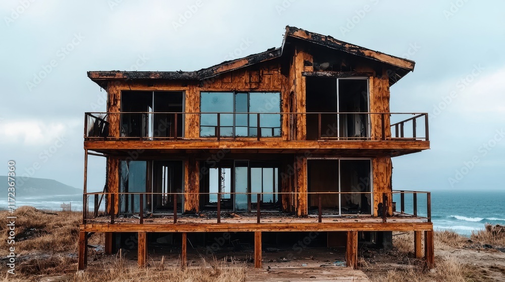 Abandoned coastal house with burned wooden exterior and shattered windows overlooking the ocean on a cloudy day, showcasing urban decay and nature reclaiming Abandoned coastal house with burned wooden exterior and shattered windows overlooking the ocean on a cloudy day, showcasing urban decay and nature reclaiming