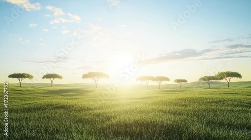 A serene landscape with trees and a bright sunrise.
