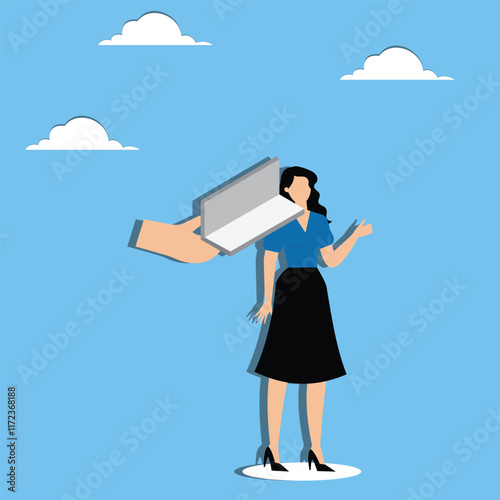 Increased burdens and pressures, pressures and responsibilities of work, burdens or problems of debt, hand holding a huge piece of iron on a businesswoman's shoulder