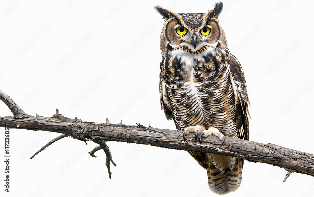 Obraz premium Elderly Owl Watching from a Branch on white background.PNG