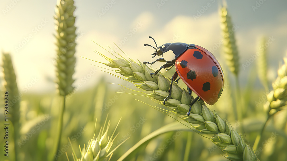 ladybug perched on green wheat grain in vast field, showcasing nature beauty ladybug perched on green wheat grain in vast field, showcasing nature beauty