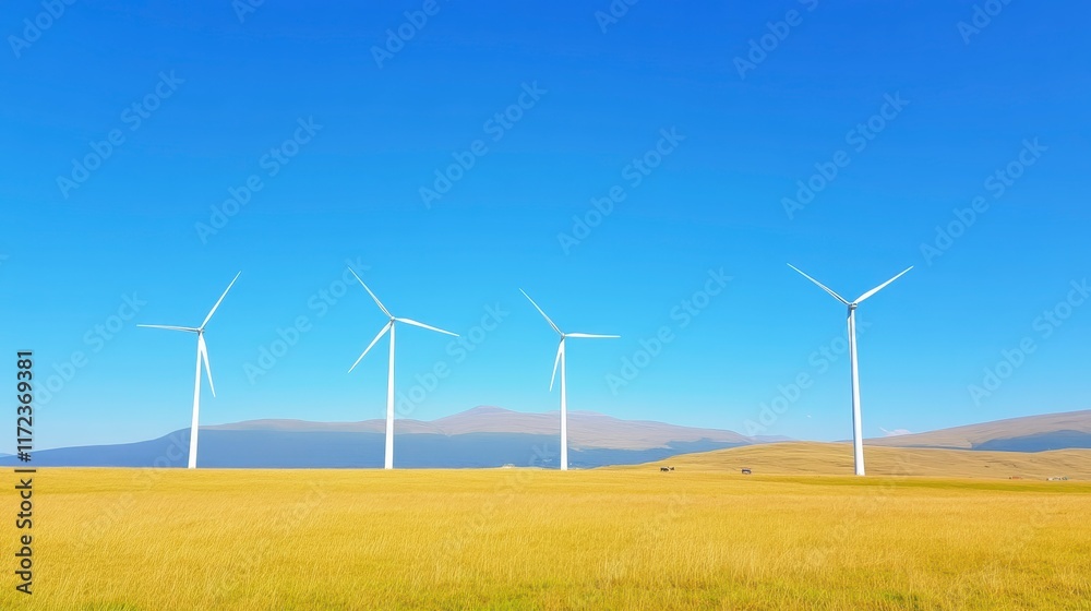Fototapeta premium Scenic Rural Landscape with Four Wind Turbines Generating Clean Energy on Sunny Day