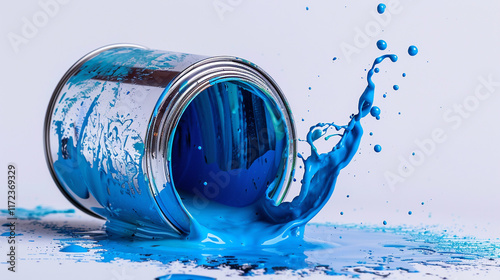 A paint can tipped over with vibrant blue paint splash