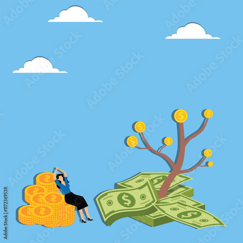 Money begets money, wealth accumulates, compound interest, passive income, investment profits, corporate dividends, money piles grow money trees, and businesswomen lie back and rest beside them