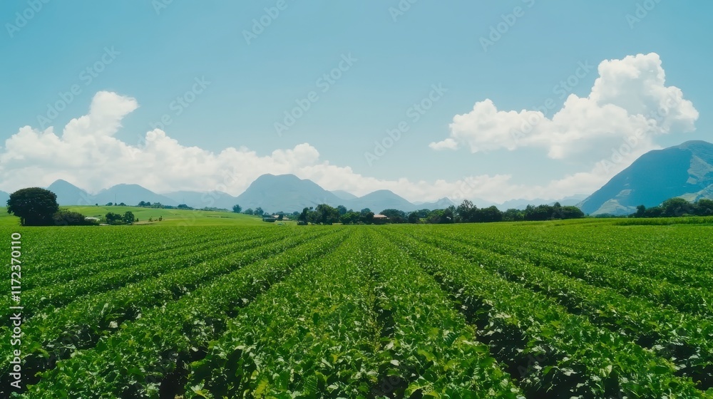 Lush Green Agricultural Field with Mountain Range Background Sunny Day Lush Green Agricultural Field with Mountain Range Background Sunny Day