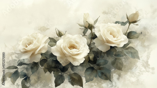 Fototapeta Naklejka Na Ścianę i Meble -  Elegant watercolor illustration of white roses with green leaves
