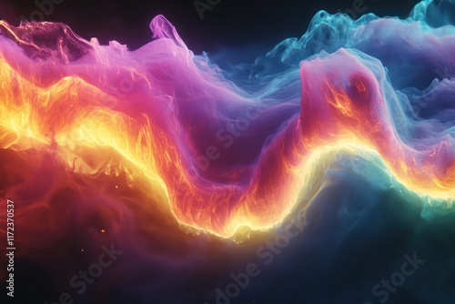 A mesmerizing wave of multicolored smoke swirling gracefully against a dark background with glowing edges.