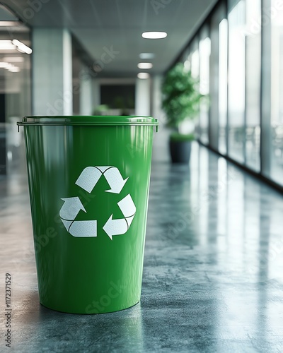 Recycling symbol in green, placed in a sleek office environment, promoting waste sorting and recycling efforts in a professional work setting