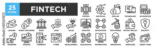 Fintech icon collection set. Containing design Fintech, Artificial Intelligence, Dollar, Digital Technology, Accounting, Analysis