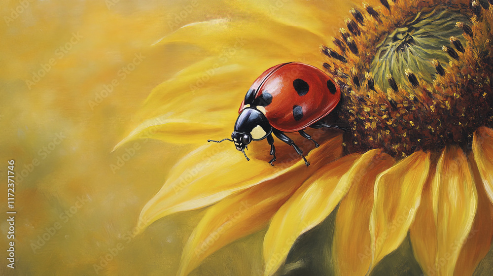 Obraz premium red ladybug rests on sunflower petal, showcasing nature beauty