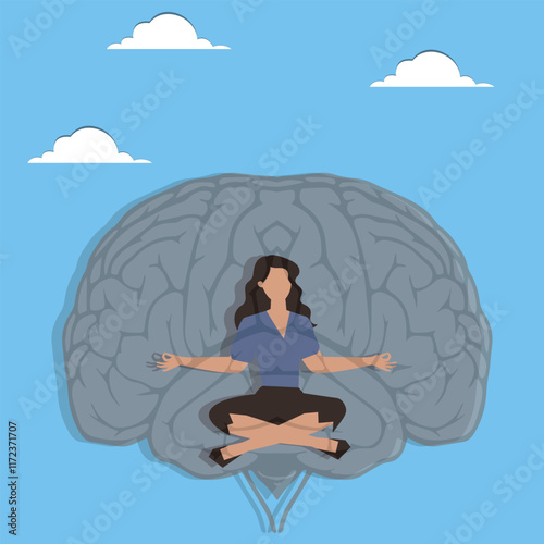 Dialectical Thinking, Self-Denial and Affirmation, Psychology, Philosophy and Thinking, Wisdom, Problem Solving, Businesswoman Sitting Cross Legged in the Middle of a Mirror Brain Thinking