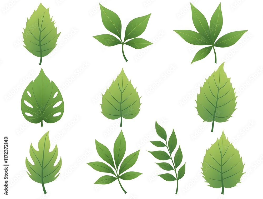 Collection of Diverse Green Leaves: A Botanical Illustration Collection of Diverse Green Leaves: A Botanical Illustration