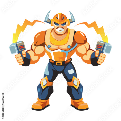 A flat illustration of an energetic superhero character 

