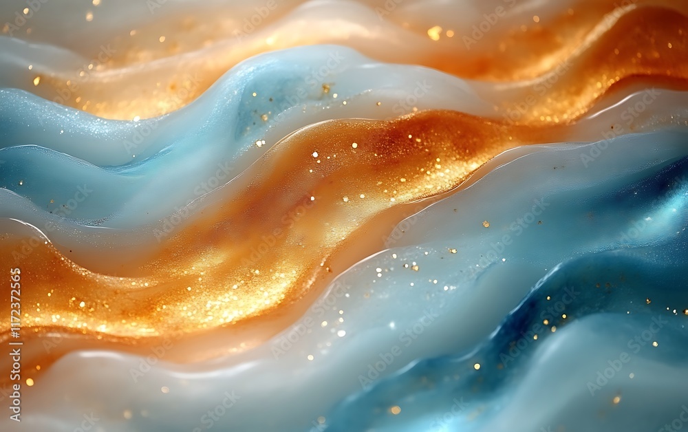 Abstract wavy texture with gold and blue glitter.