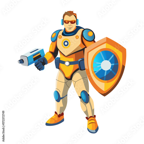 A flat style illustration of an armoured defender 

