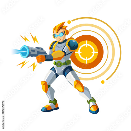 A flat illustration of a superhero holding energy blaster gun 

