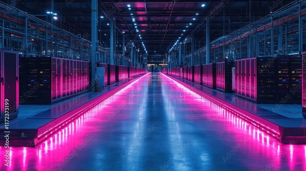 Futuristic data center with pink lighting. Futuristic data center with pink lighting.