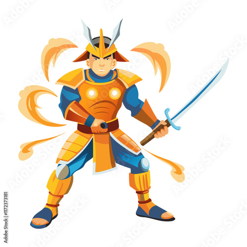 A flat illustration of a blazing samurai character 

