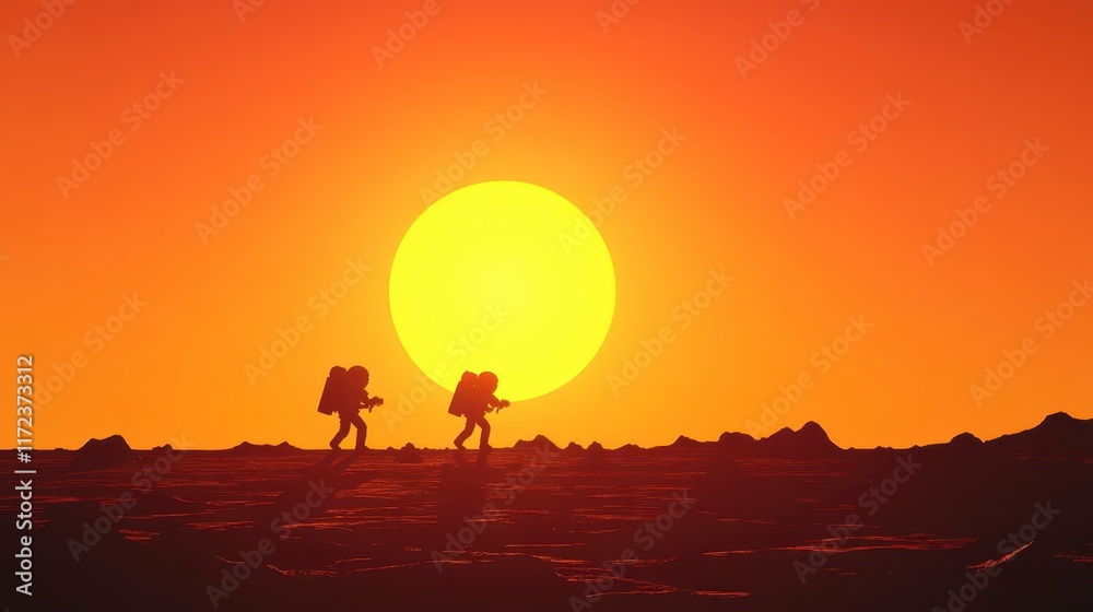 Fototapeta premium Silhouetted Astronauts Exploring Alien Planet at Sunset Dramatic Space Exploration Scene