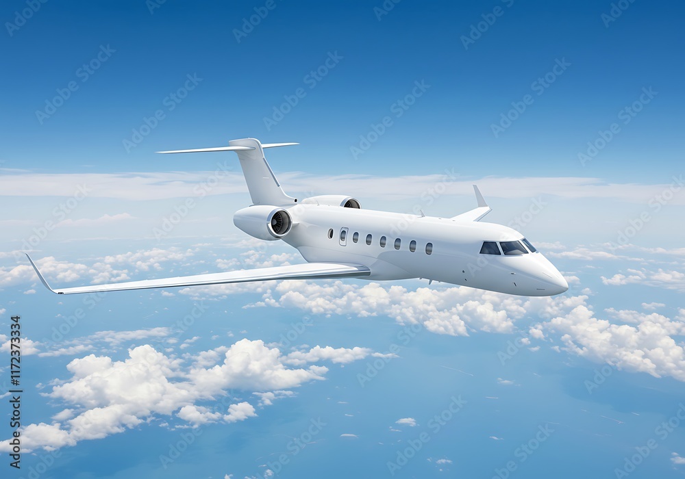 Obraz premium Realistic photo of White Luxury generic design private jet flying over the earth. Empty blue sky with white clouds at background. Business Travel Concept. Horizontal. 3d rendering 