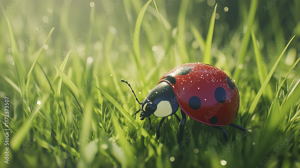 Obraz premium vibrant ladybug crawls on fresh green grass, showcasing nature beauty