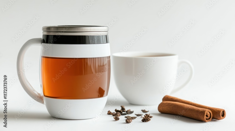 Tea in infuser mug with cinnamon and cloves. Tea in infuser mug with cinnamon and cloves.