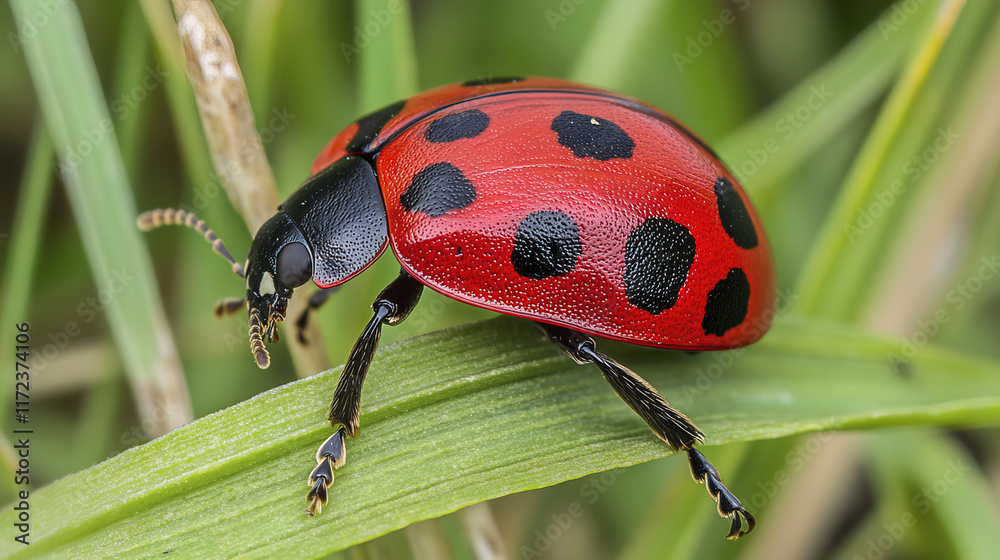 Naklejka premium vibrant red ladybug with black spots rests on green leaf, showcasing nature beauty