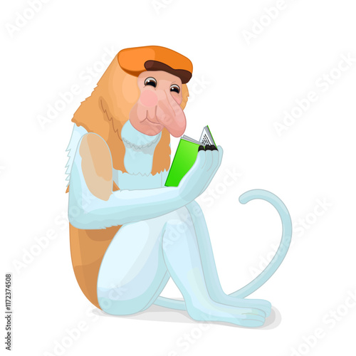 vector funny long-nosed monkey animal kids studying reading book illustration. Children education and reading items, schooling cartoon object illustration. Hand drown Baby graphics concept. Story time