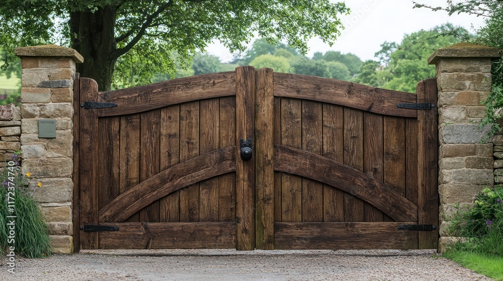 Obraz premium Rustic wooden gate made from reclaimed timber, featuring natural textures and weathered detailing